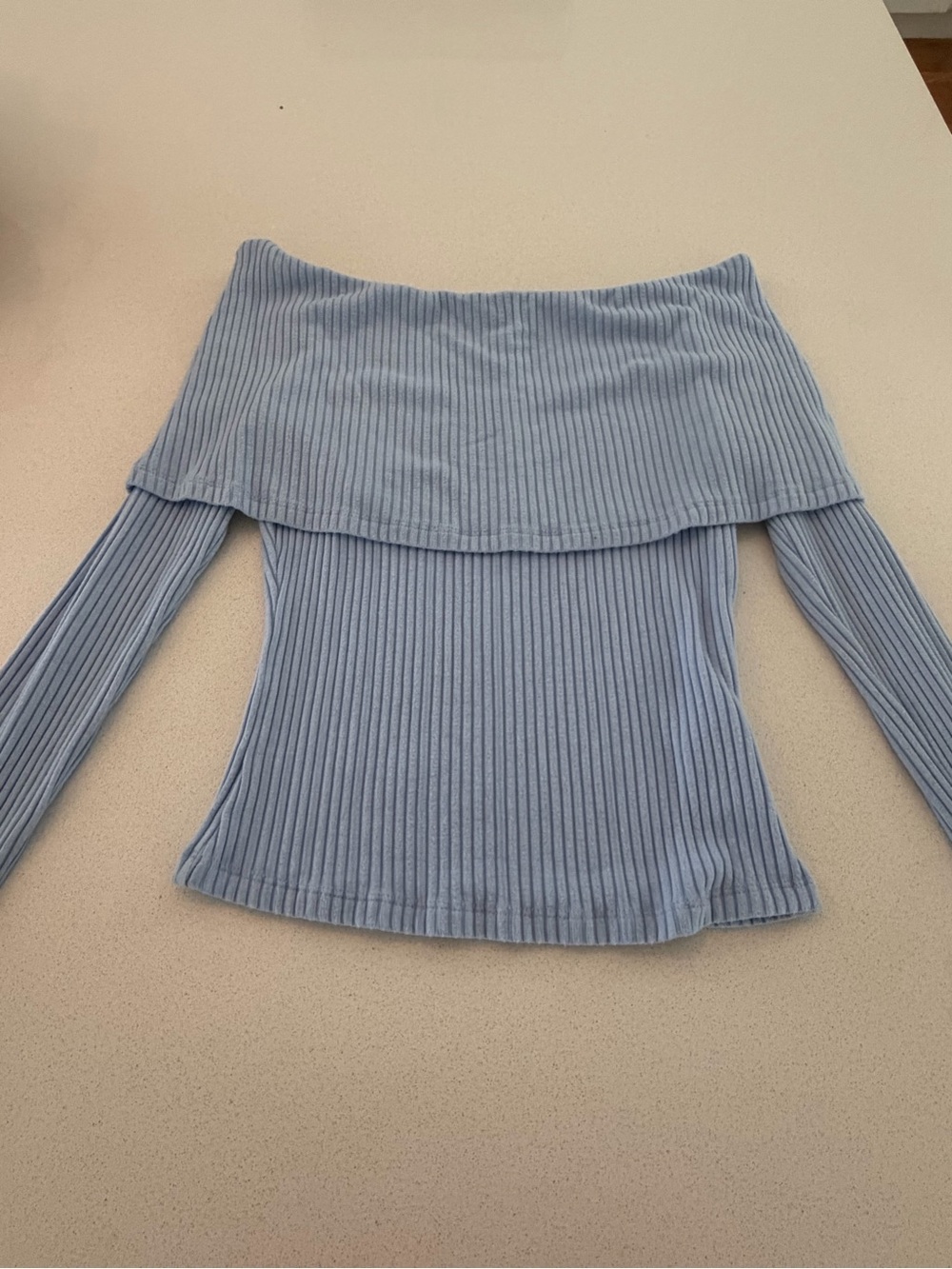 Urban Outfitters Light Blue Ribbed Foldover Neck Top